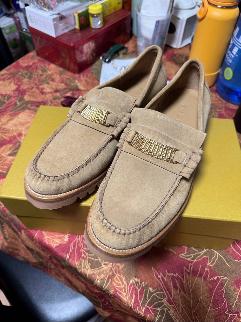 Rhude Suede Tan Loafers with Gold Hardware